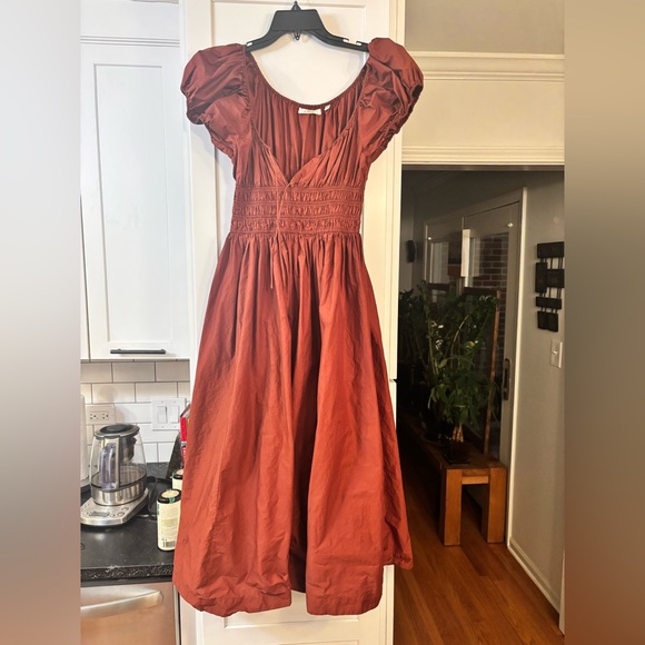 Doen Quinn cotton poplin puff sleeve midi dress in Amberwood rust - Picture 5 of 9